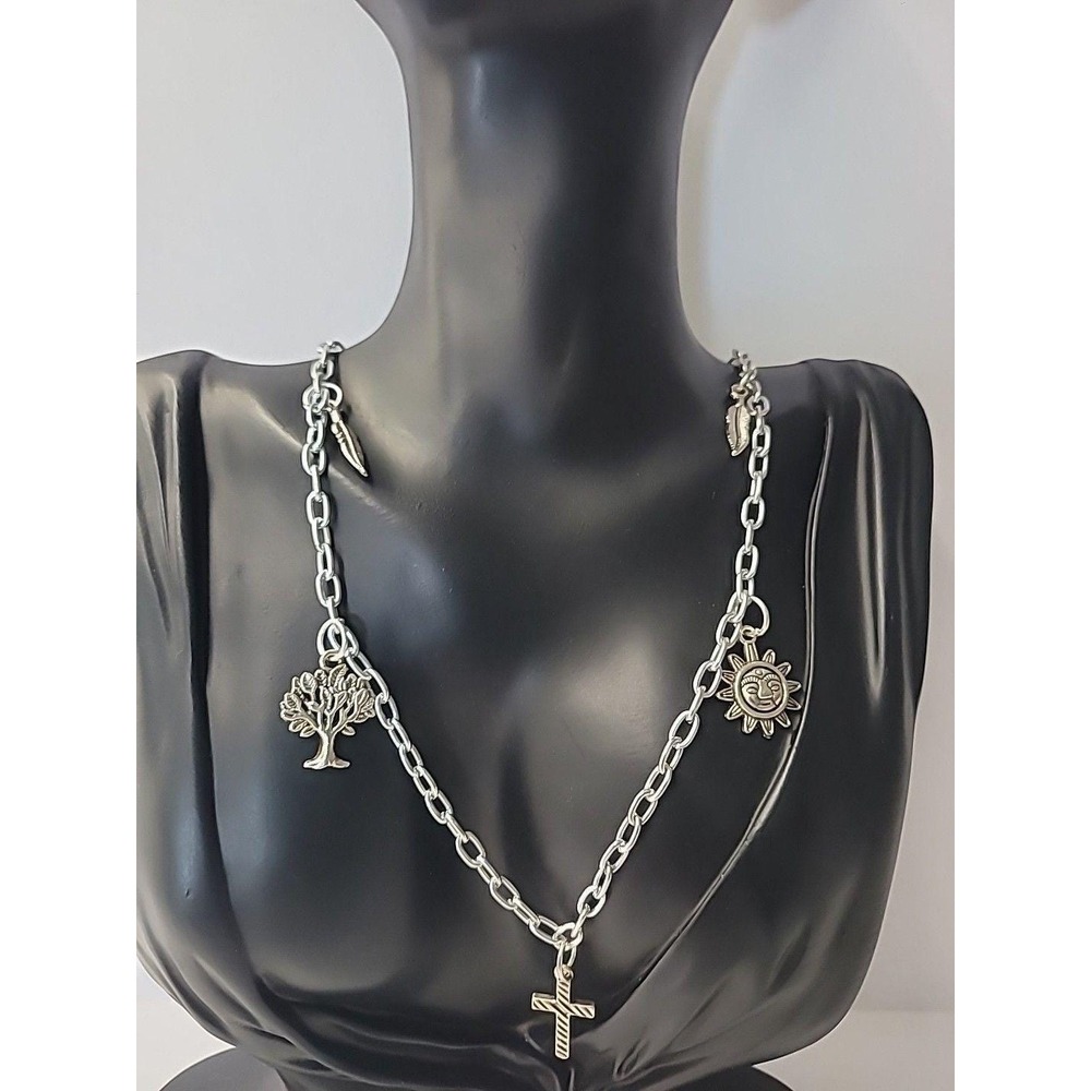 Vintage Silver Tone Charm Necklace Cross Tree of Life Sun Feather Boho Spiritual